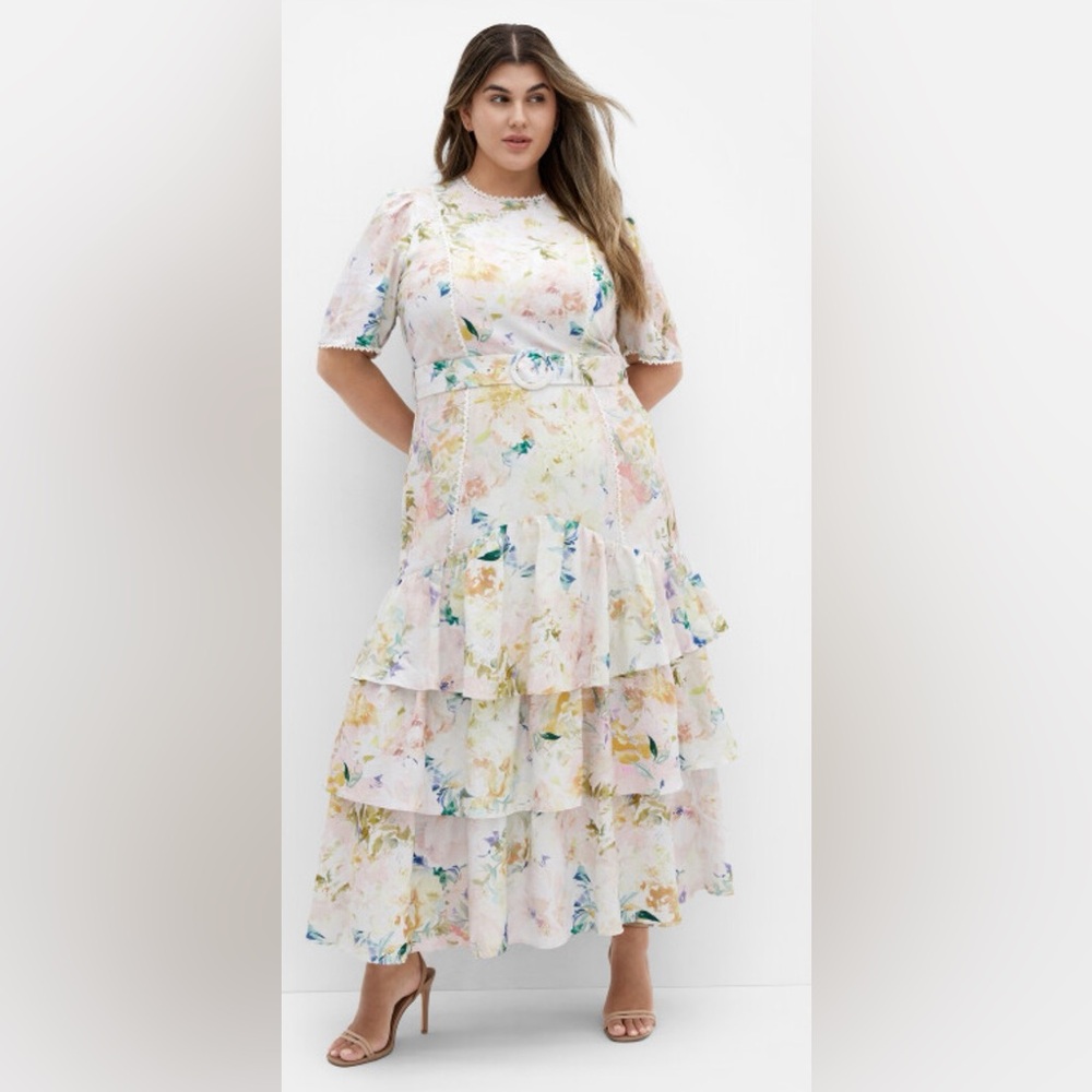 City Chic Pastel Floral Ruffle Maxi Dress